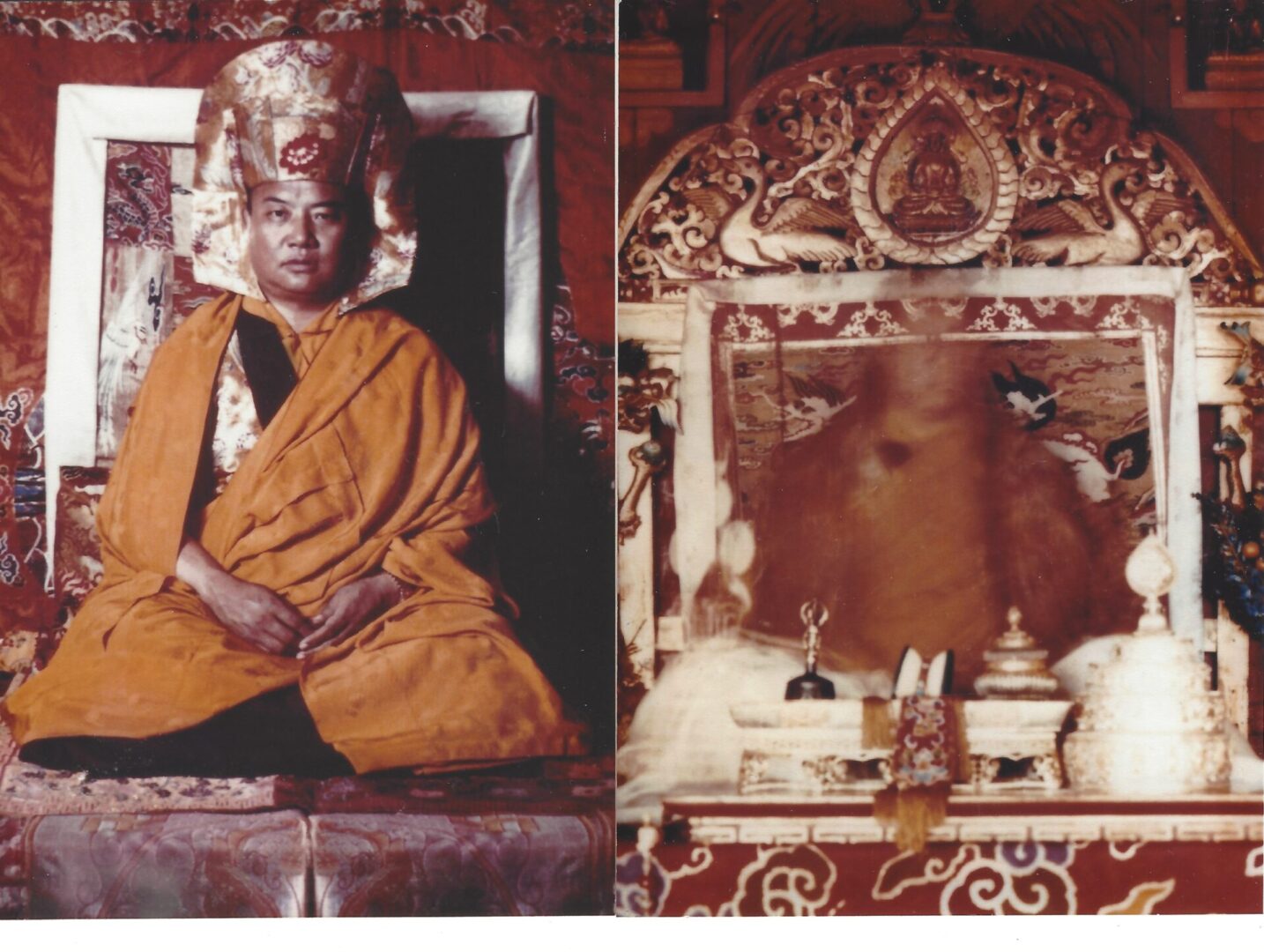 A monk sitting in front of a mirror.