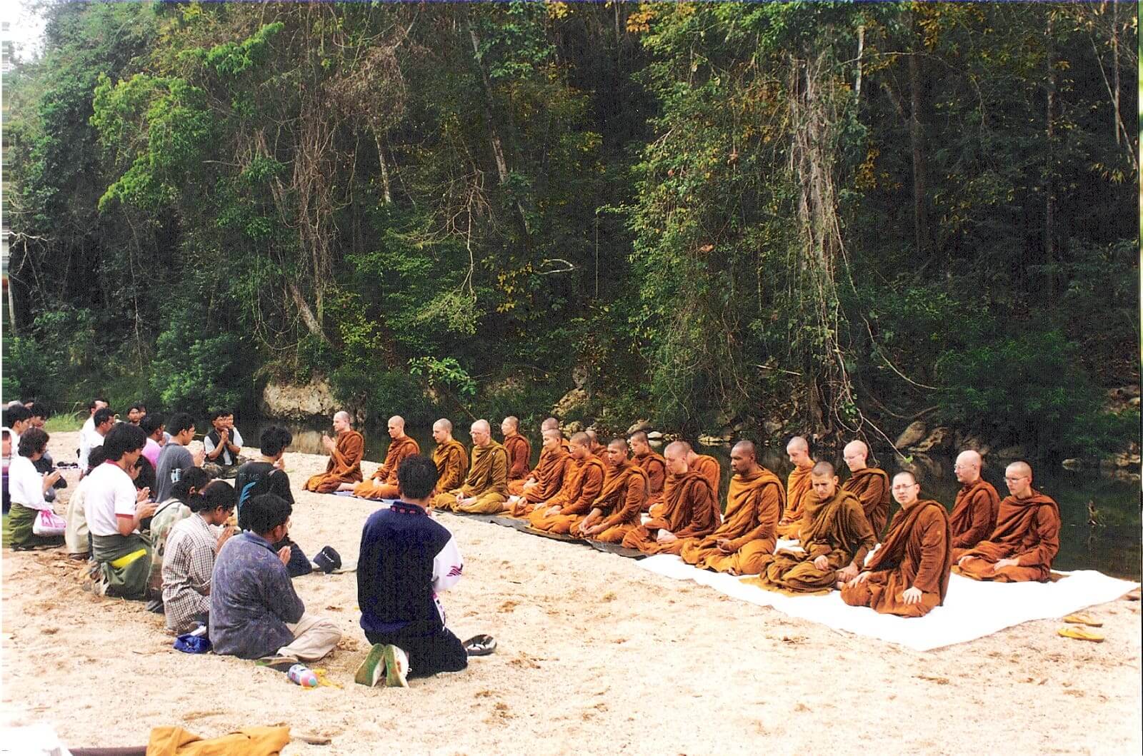 Monks and people meditating in forest setting.